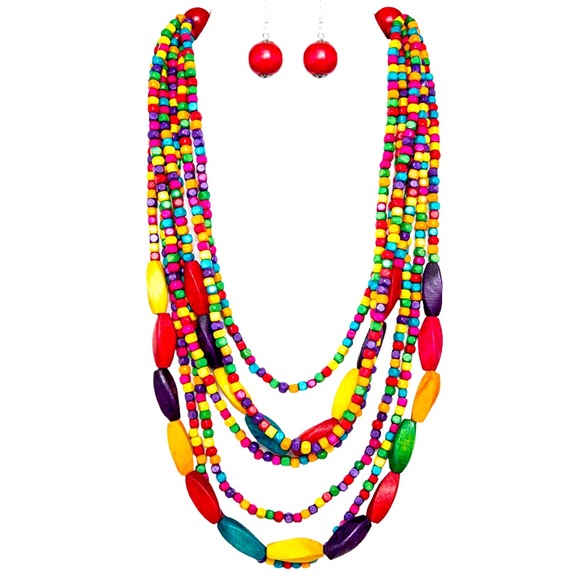 Long Colorful Wooden Bead Statement Layer Necklace - Picture 1 of 2